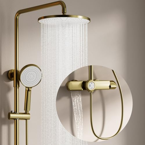 Duschsystem Gold mit Thermostat, Messing Duscharmatur mit Einhebelmischer | 3-in-1-Duschsäulenset, 360° Verstellbarer 260mm Kopfbrause, 3 Modus Handbraus, Wanneneinlauf, Regendusche mit Armatur