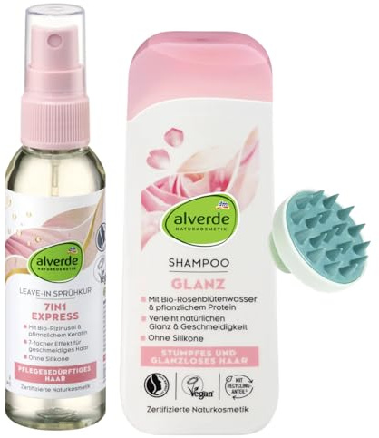Alverde 2er-Set – Leave-In Sprühkur Express 7in1 (75 ml) + Shampoo Glanz mit Rosenblütenwasser & pflanzlichem Protein (200 ml) + Bonus Kopfhaut Massagebürste