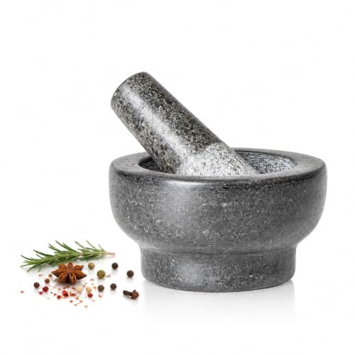 Mortero de granito con mortero – Robusto mortero de piedra natural de 9 × 5 cm para especias, hierbas, pesto y pastas – Antideslizante, duradero, ideal para cocina y cocina