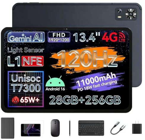 LZF Android 16 Tablette ZPad2 Tablette 13 Pouces,Unisoc T7300,FHD 120Hz,28Go+256Go,11000mAh,4G LTE,Charge 18W,Widevine L1,Déverrouillage Facial,GPS,Gemini AI,Clavier + Stylet + Souris Inclus
