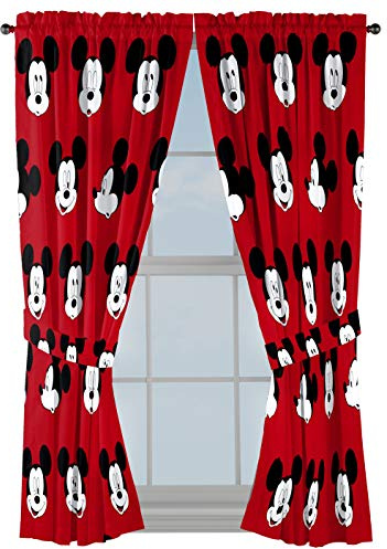 Jay Franco Kids Window Drapes - 4 Piece Curtain Set Includes 2 Tiebacks, Beautiful Bedding Room Décor and Easy Set Up, Red - Mickey Mouse, 63 Inch