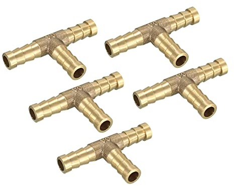 sourcing map 5 Stück T-Förmiger Schlauchverbinder Messing Gold 8mm | Anwendung Für Luft, Wasser, Kraftstoff, Öl, Gesamtgröße 47.5X28Mm, Widerhakenlänge 16Mm, Gewicht 65G