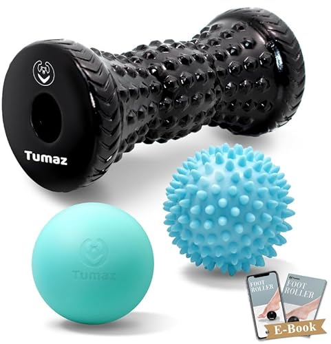 Tumaz Balle de Massage & Rouleau de Massage Pied 3 en 7 avec une Balle Hérissée, une Balle de Lacrosse et un Rouleau de Massage – Design Ergonomique pour Soulager les Douleurs Musculaires