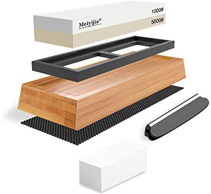 Meiyijia - Slipsten, Premium Whetstone Waterstone Knivsliparsats, Halkfri bambubas, 2 sidokorn (5000/10000/set)