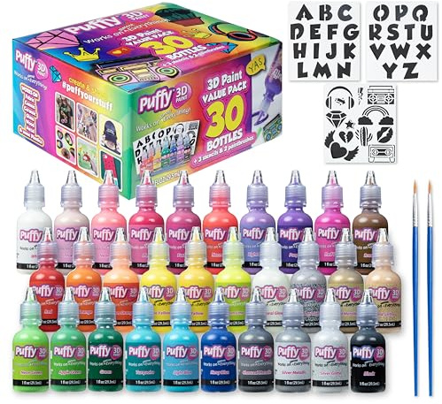 Puffy Bulk Buy Paint 30 Pack Premium Quality 3D Paint Set. Safe for Kids, Great for School Projects, Permanent on Fabric, Canvas, Wood, Glass, and More Craft Surfaces
