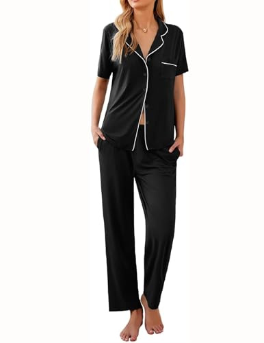 Ekouaer Women Pajamas Set Button Down Sleepwear Short Sleeve Nightwear with Long Pants Soft Pjs Set S-XXL Black M