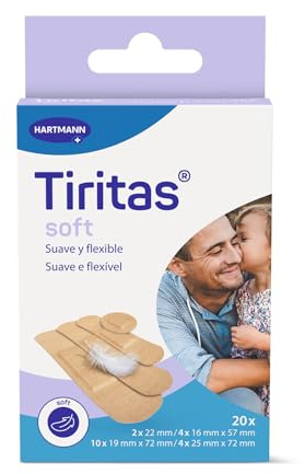 Tiritas Soft: Apósitos de color carne fabricados en suave papel. Indicadas para pieles sensibles y delicadas. Protección suave para pequeñas heridas; 4 tamaños; 20 unidades