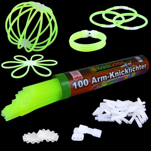 NEON FUN 100 grüne Arm-Knicklichter Set - inkl. 100 TopFlex Verbinder, 3fach & 2 Kreisverbinder | Lange Leuchtdauer für Party, Basteln & Events, Menge:1 Rolle
