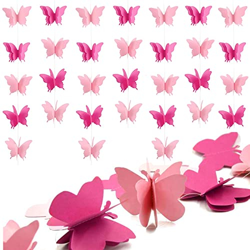 THETAG 7 Stück 3D Schmetterling Girlande Papier, Pink, 2 Meter lang, 20 Stück Schmetterlinge, Hochzeit, Baby Dusche, Geburtstag, Dekoration