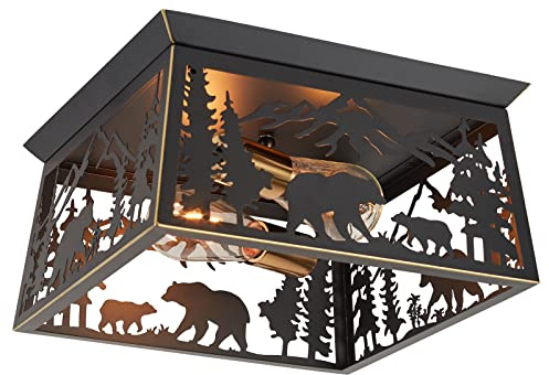 Farmhouse Flush Mount Ceiling Light Fixture, 2-Light Bear Rustic Light Fixtures for Log Cabin Kitchen, Bedroom, Living Room, Outdoor Porch, and Foyer Entryway Lighting (Bulbs not Included)