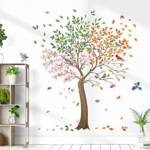 wondever Wandtattoo Vögel auf Baum Groß Wandaufkleber Frühling Sommer Herbst Winter Baum Blumen Wandsticker Wanddeko für Schlafzimmer Wohnzimmer TV Hintergrund (H: 160cm)