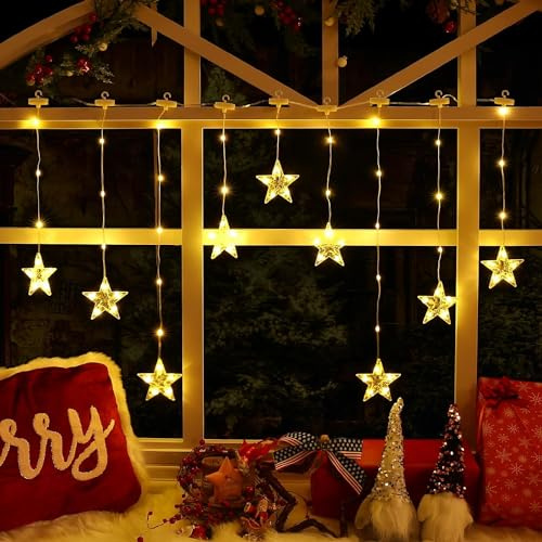Ulinek 9 Sterne Lichtervorhang Fenster mit Batterie Timer, 76 LED Fensterdeko Weihnachtsdeko Innen Warmweiß, IP65 Lichterkette Außen mit Haken, Weihnachtsbeleuchtung 8 Modi Sternenvorhang Garten Tür