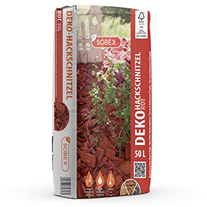 S&Garden Deko Hackschnitzel aus Kiefer - Dekorative Holzschnitzel - Rindenmulch für Garten - Besseres Wasserrückhaltevermögen - Verhindert Unkrautwuchs - Hält den Boden Feucht - 50l - Rot - 1 Stück