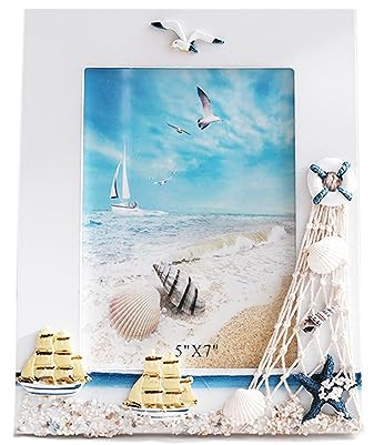Cornice da Tavolo in Legno, 1 Pcs Cornice Foto Stile Marino 7x5, Portafoto Verticale Design, Portafoto in Stile Mediterraneo, Decorazione da Spiaggia Nautica, per Ufficio, Caffetteria, Home Decor