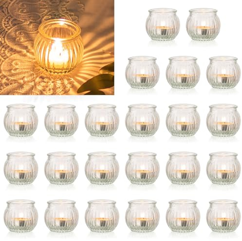 NUPTIO Porte-Bougies à Réchaud en Verre Ambré : Lot de 24 Bougies Votives Marron Striées pour Les Centres de Table de Mariage, Les Anniversaires et Les Fêtes de Noël