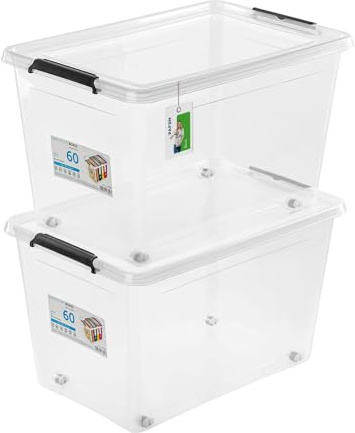 PAFEN 2x Aufbewahrungsbox auf Rollen 60,0L – 58 x 39 x 35 cm - SET Aufbewahrungsbehälter Transparent Boxen Aufbewahrung Stapelboxen mit Verschlussclips Kunststoffbehälter