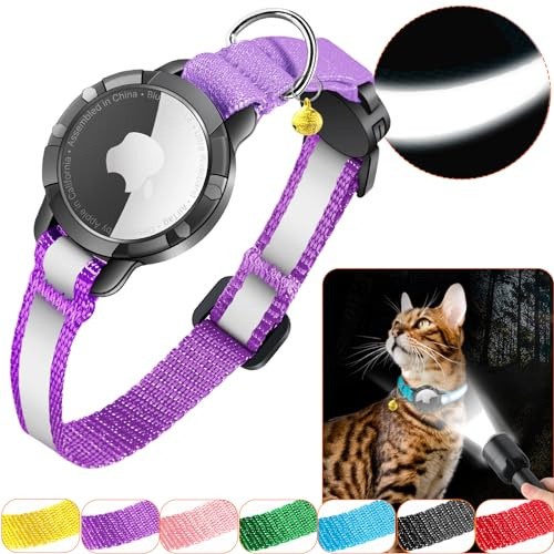 Airtag Katzenhalsband - Integriertes Katzenhalsband Airtag Wasserdicht,Reflektierendes Airtag Halsband Katze Halsband mit Sicherheitsverschluss Gummizug für Kätzchen Klein Hund (Lila S)