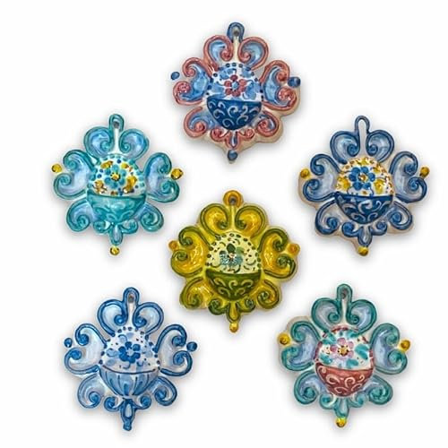 Acquasantiera (1Unità) in Ceramica Siciliana, Forma barocca h 7 x L 7 cm ca. con Decoro e Colore Casuale