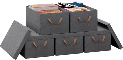 WOLTU 5 Piezas de Cajas Plegables de Almacenaje, Cajas Almacenamiento con Tapa y Asas para Ropa, Organizador de Tela para Armario, Cajas para Guardar Ropa, Gris 27L