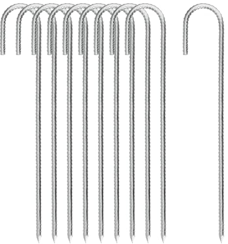 JEUIHAU 10 Pack 16 Inch Ground Rebar Stakes, Extra Long Ground Anchors j Hooks, Heavy Duty Tent Pegs for Camping, Marquees, Swing, Trampoline and Fences(Silver)