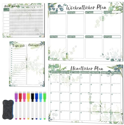 Magnetisch Abwischbar Wochenplaner+Monatsplaner+Habit Tracker +To-Do-Liste/Einkaufsliste, 4 Stück Magnettafel kühlschrankplaner Essensplaner Haushaltsplaner Familienplaner mit 8 Marker, Schwamm