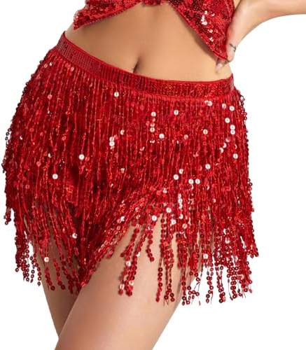 Women Girls Sparkly Sequin Skirt for Belly Dance Latin Festival Outfit Tassel Skirt Multilayer Fringe Hip Scarf Glitter Rave Party Costume Mini Skirt for Night Club Sports Events Summer Beach Party