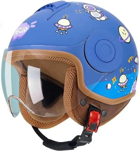 Kinder 3/4 Retro-Motorrad-Halbhelm Süßer KinderHelm Mit Offenem Gesicht Und Visier, DOT-Zugelassener Elektroroller-Cruiser-Helm Für Jungen B,M46-54CM
