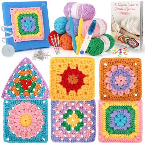 Coopay Granny Squares Häkelset für Anfänger, 6 Verschiedene Arten von Granny Squares, Anfänger Häkelset mit Anleitung und Garn, Komplettes Häkelset, Lernen Sie das Häkeln von Granny Squares