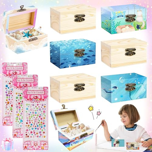 Begpoee 8 Stück Mini Schatzkiste mit Deckel, DIY Kleine Holzkiste, Schatztruhe für Kinder (Mit 3 Bunten Aufklebern, 9 x 5,5 x 5,2 cm)
