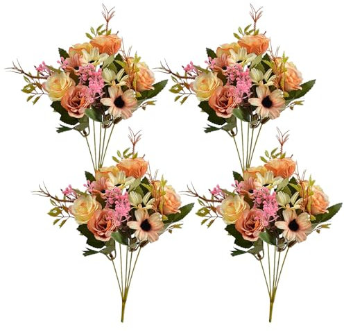 RXMORI 5 Bündel mit 10 Köpfen, Künstlicher Rosen-Chrysanthemen-Blumenstrauß, 35 cm, Getrocknete Blumen, Blumenarrangement, Gefälschter Blumenstrauß, Hochzeit, Zuhause, 4 Stück