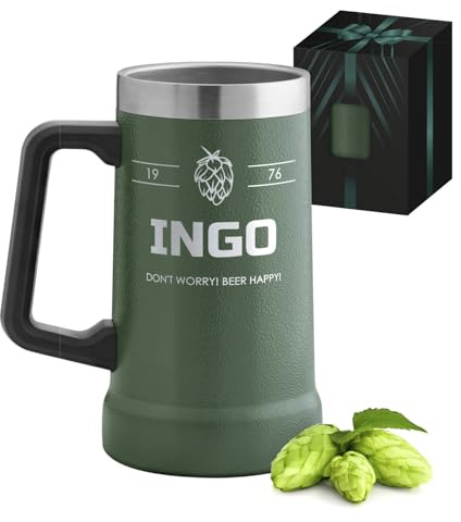 Maverton Isolierter Thermobecher Bier mit Gravur 700 ml Grün - Outdoor Bierglas mit Henkel aus Edelstahl - Personalisierte Geschenke Männer - Geschenke für Männer Geburtstag