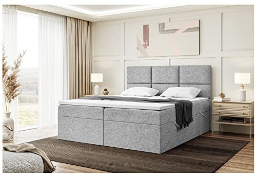 MEBLINI Boxspringbett mit Bettkasten - Gepolstert Doppelbett mit Matratze und Topper - Polsterbett mit Stauraum - Bett mit Kopfteil - Stauraumbett - KYLIAN - 140x200 - H4/Grau Webstoff