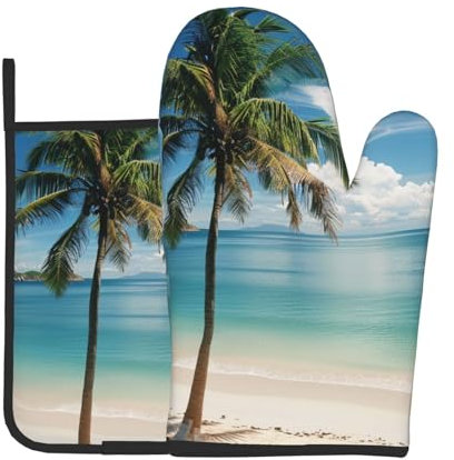 Lot de 2 gants de cuisine et maniques imprimés plage et palmiers – Résistants à la chaleur et imperméables pour barbecue