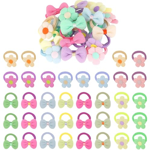 Risipu 36 PCS Baby Hair Ties Set - No Damage Baby Soft Hair Elastics With 18 Bows & 18 Flowers 1-8 Years Girls Hair Accessories Idea For Gift Choice