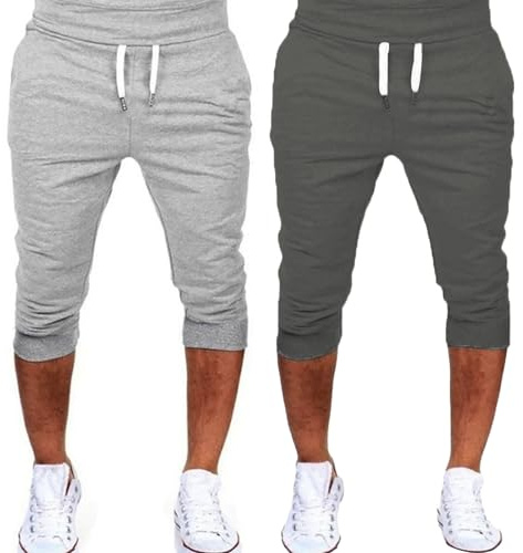 2er Pack Jogginghose Herren 3/4 Lang Sporthose Leicht Laufhose Atmungsaktiv Trainingshose Leicht Sommershorts Slim Fit Shorts Kurze Hosen mit Gummizug