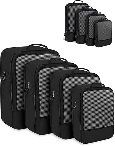 BAGLHER Packwürfel Kompression für die Reise - Extrem platzsparender Koffer-Organizer-Set, wasserdichte Packtaschen, Schwarz