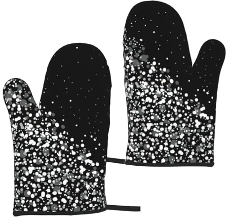 Black White Glitter Print Easy Clean Insulated Gloves Heat Resistant Oven Mitts 5.9x11in For Kitchen Safety