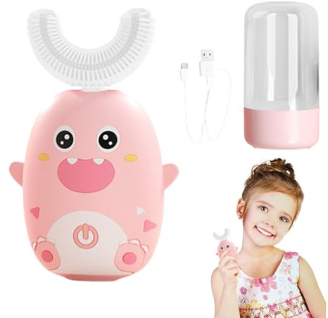 Spazzolino Elettrico Bambini 2 Spazzolino Bambini 6-12 Anni Spazzolino Elettrico Bam-bini 6-12 Anni 360 Gradi Per La Pulizia Orale Testina In Silicone A Forma Di U, Forma Di Dinosauro (Rosa/Età 2-12)
