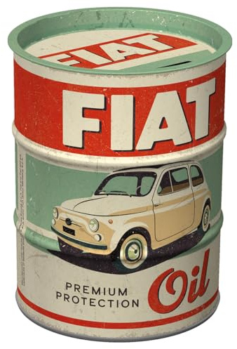 Nostalgic-Art Retro Spardose, 600 ml, FIAT – Premium Protection Oil – Geschenk-Idee für FIAT-Zubehör Fans, Original Lizenzprodukt (OLP), Sparschwein aus Metall, Vintage Blech-Sparbüchse | Original Fiat Lizenzprodukt (OLP), Sparschwein aus Metall, Vintage Blech-Sparbüchse, Geschenk-Idee für Fiat-Fans