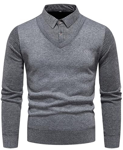 Herrtröja med fuskskjorta krage – 2-i-1 Slim Fit V-ringad stickad tröja, vinter varm långärmad ledig cardigan tröja, skjorta krage rock pullover för män, Mörkgrått, M