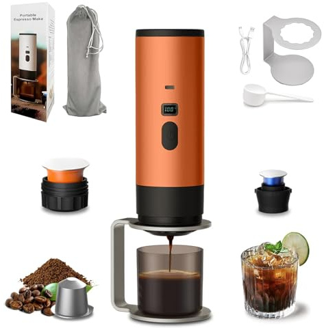 3 En 1 Machine a Cafe Portable, Machine à Café Multi Capsules Avec D'Eau 90ml et Écran LED pour Camping, Bureau et Voiture, Auto-Chauffante, Compatible Café Moulu et les Capsules Espresso (Orange)