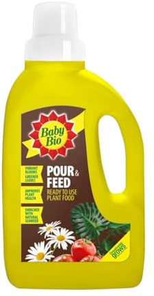 Baby Bio Pour & Feed Liquid Plant Food, Ready to Use Houseplant Feed with Seaweed Extract, Indoor Plant Nutrition for Green Leaves & Flowering Plants, 1Ltr