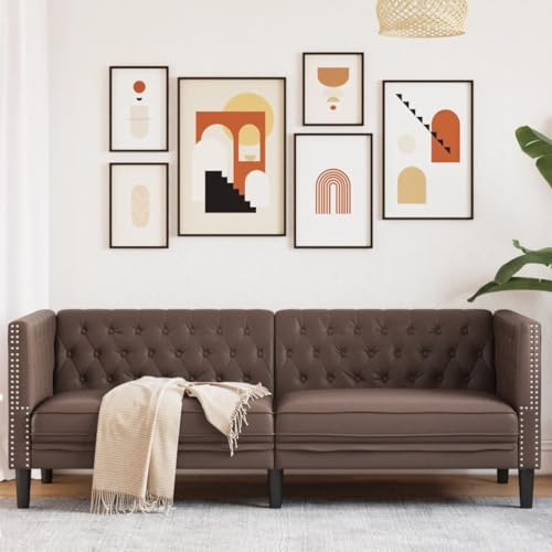 Ordellia Chesterfield-soffa 3-sits, brunt konstläder, klassisk design för vardagsrum, hållbar och enkel skötsel, bekväm stoppning