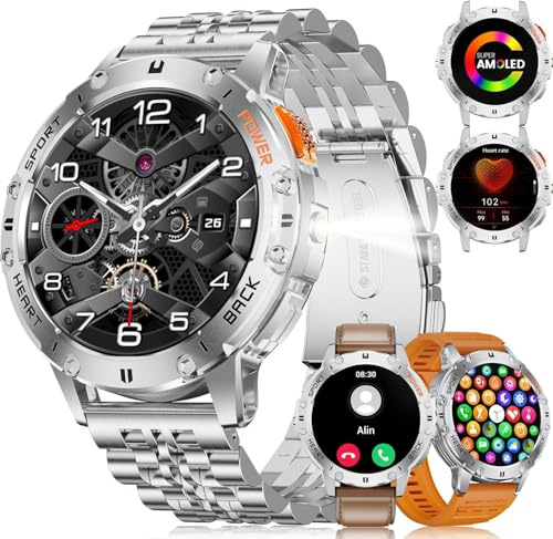 ESFOE Smartwatch Herren - 1,43‘’ AMOLED Display/Taschenlampe/530mAh Akku Fitnessuhr mit 120+ Sportmodi/5ATM Wasserdicht/Bluetooth-Anrufe,Blutdruck/Herzfrequenz/SpO2/Schlafmonitor Silber