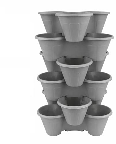 Stackable Strawberry Planter – Tiered Vertical Garden Pots for Herbs, Flowers & Vegetables – Space-Saving Planter for Patio, Balcony & Garden – Indoor & Outdoor | 1, 3 or 6-Tier (6x Grey)