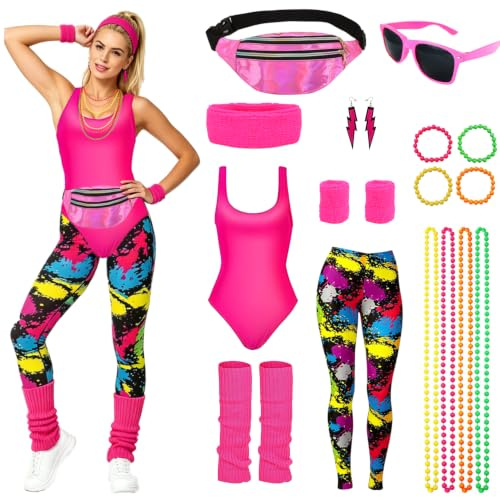 CHMMY 80er Jahre Outfit Damen Set, 80s 90s Retro Trainingsanzug Kostüm Accessoires, Clothes Trikot, Leggings, Stirnband, Armbänder, Beinwärmer, Halskette,Sonnenbrille, Armband, Ohrringe, Gürteltasche