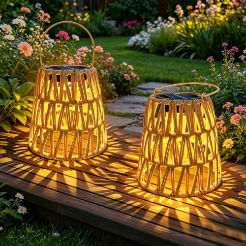 Solarlampen für Außen Hängend / Stehend, 2 Stück Handgewebtes Rattan Solarlaterne für Außen, IP65 Wasserdicht Solar Laternen für Draußen, Garten, Rasen & Terrasse, Balkon Deko, Geschenk