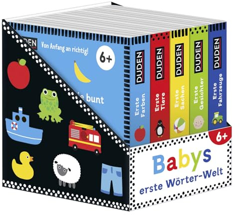 Duden 6+: Babys erste Wörter-Welt (Würfel): 5 Mini-Bücher | Kontrastbücher für die visuelle Entwicklung von Kleinkindern ab 6 Monaten (Pappbilderbuch Bücher-Würfel, Band 14)
