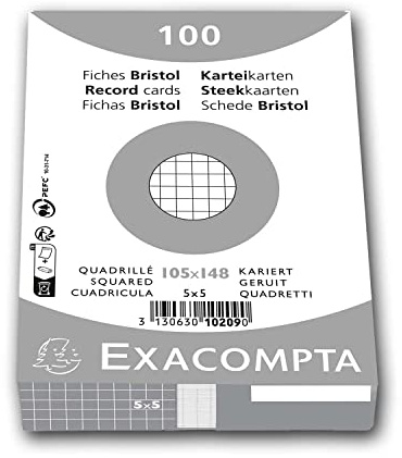 Exacompta 100 Karteikarten 5x5 Ungelocht in Folie 105 x 148 mm Weiß