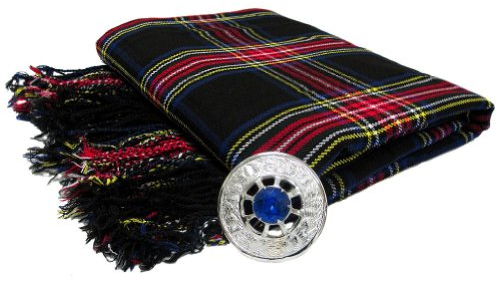 Tartanista - Herren Fly Plaid mit Schmuckstein-Brosche - ideal geeignet für Kilts von Dudelsackspielern - Stewart Schwarz